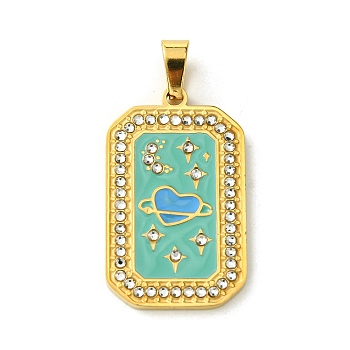 Ion Plating(IP) 304 Stainless Steel Pendants, with Enamel and Rhinestone, Rectangle with Tarot Charm, Real 18K Gold Plated, Turquoise, 32x19.5x2mm, Hole: 6.5x4mm