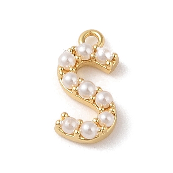 Plastic Imitation Pearl Pendants, with Brass Findings, Golden, Letter S, 7~14x13.5~15x3mm, Hole: 1.3~1.4mm