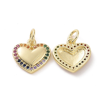 Brass Micro Pave Colorful Cubic Zirconia Charms, with Jump Ring, Heart, Real 18K Gold Plated, 12x12x2.5mm, Hole: 3.2mm