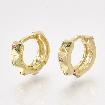 Brass Cubic Zirconia Huggie Hoop Earrings, Bumpy, Colorful, Golden, 12x3.5mm, Pin: 1mm