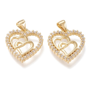 Brass Micro Pave Cubic Zirconia Pendants, Heart, Clear, Real 18K Gold Plated, 19.5x18x3mm, Hole: 3.5x5mm