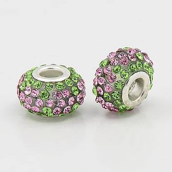 Resin Rhinestone European Beads, Grade A, with Brass Double Cores, Silver Color Plated, Rondelle, Peridot, 15x9mm, Hole: 5mm