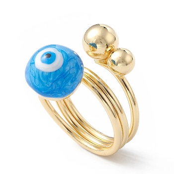 Enamel Round with Evil Eye Finger Rings, Real 18K Gold Plated Brass Wrap Style Ring for Women, Deep Sky Blue, 5.5~19.5mm, Inner Diameter: 18mm