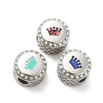 304 Stainless Steel European Beads, with Enamel & Rhinestone, Large Hole Beads, Stainless Steel Color, Flat Round with Crown, Mixed Color, 12x8mm, Hole: 4mm