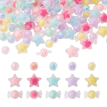 120Pcs 3 Style Transparent Acrylic Beads, Frosted, Bead in Bead, Candy & Corrugated Round & Star, Mixed Color, 40pcs/style