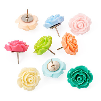 9Pcs 9 Colors Resin Flower Drawing Pins, with Iron Pins, Mixed Color, 19x19mm, 1pc/color