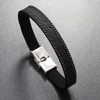 Imitation Leather Cord Bracelet with Metal Clasp, Black, 8-1/4~8-5/8 inch(210~22cm)