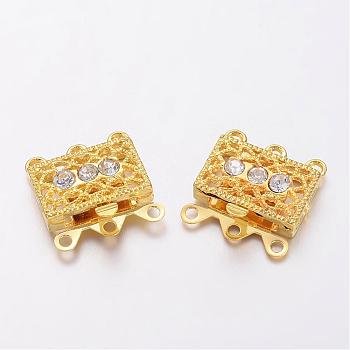 Golden Tone Brass Rhinestone Clasps, Filigree Box Clasps, about 18mm wide, 17mm long, 7mm thick, hole: 1.5mm