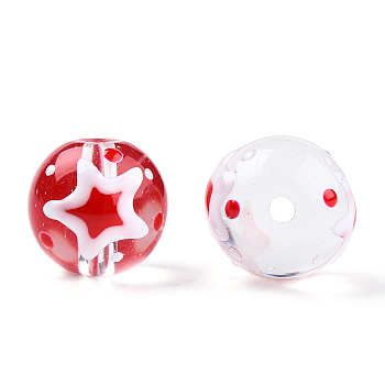 Transparent Handmade Lampwork Beads, Round with Star Pattern, Red, 13x12x11mm, Hole: 1.2~1.5mm