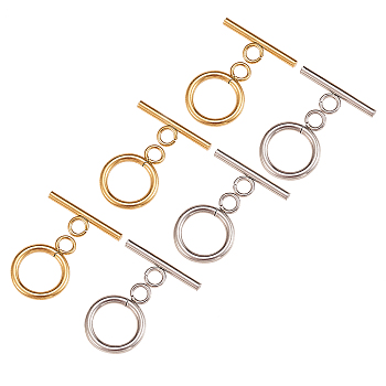 20Sets 2 Colors Ion Plating(IP) 304 Stainless Steel Ring Toggle Clasps, Golden & Stainless Steel Color, 19x14x2mm, Hole: 3mm, 10set/color
