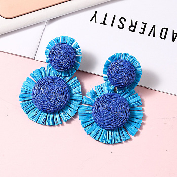 Bohemian Style Raffia Dangle Stud Earrings, Flower, Royal Blue, 70x45mm