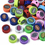 Handmade Polymer Clay Beads,  Flat Round with Eye, Mixed Color, 9~10x4~5mm, Hole: 1.8mm(CLAY-N008-045)