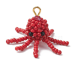 Glass Seed Beaded Octopus Pendants, with Golden Iron Loops, Red, 29.5x24.5mm, Hole: 2.5mm(PALLOY-MZ01104-03)
