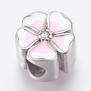 304 Stainless Steel European Beads, Large Hole Beads, with Enamel and Rhinestone, Flower, Pink, Stainless Steel Color, 11.5x8mm, Hole: 4mm(STAS-O097-47P)