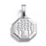 201 Stainless Steel Pendants, Octagon with Tree, Stainless Steel Color, 16.5x14.5x2mm, Hole: 4x6.5mm(STAS-O113-04A)