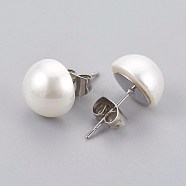 Shell Pearl Beads Ear Studs, with 304 Stainless Steel Findings, Flat Round, Stainless Steel Color, 10x6mm, Pin: 0.7mm(EJEW-JE02894-01)