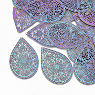 Ion Plating(IP) 304 Stainless Steel Filigree Pendants, for DIY Jewelry Making, Etched Metal Embellishments, Teardrop, Rainbow Color, 48.5x32x0.3mm, Hole: 1mm(X-STAS-S108-54)