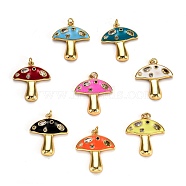 Autumn Theme Real 18K Gold Plated Brass Micro Pave Cubic Zirconia Pendants, with Enamel and Jump Rings, Long-Lasting Plated, Mushroom, Mixed Color, 28x25x3.5mm, Jump Ring: 5x1mm, 3mm Inner Diameter(ZIRC-L100-019-G)