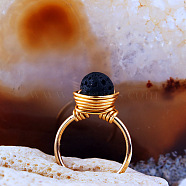 Iron Wire Wrapped Natural Lava Rock Round Beaded Cuff Rings, Golden, Inner Diameter: Adjustable(WGDBE9A-08)