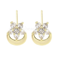 Brass Pave Clear Cubic Zirconia Stud Earring, Moon & Flower, Real 18K Gold Plated, 11x9mm(EJEW-S217-G07)