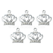 Alloy Rhinestone Pendants, Platinum Tone Crown Charms, Crystal, 19.5x18.5x3mm, Hole: 2mm(ALRI-YW0001-06)