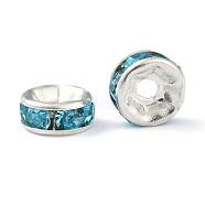 Brass Rhinestone Spacer Beads, Grade A, Straight Flange, Silver Color Plated, Rondelle, Aquamarine, 6x3mm, Hole: 1mm(RB-A014-Z6mm-03S)
