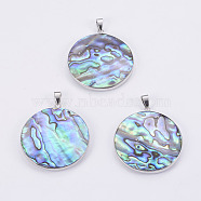 Abalone Shell/Paua Shell Pendants, with Platinum Tone Brass Bail, Flat Round, 45x41x6~7mm, Hole: 4.5x8mm(SSHEL-L008-23P)