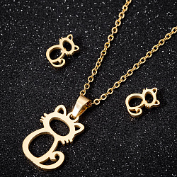 201 Stainless Steel Jewelry Set, Stud Earrings & Pendant Necklaces Sets, Cat Shape, Golden, 17.72 inch(450mm)(FS-WG80F87-01)