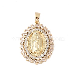 Brass Clear Cubic Zirconia Pendants, Long-Lasting Plated, Oval with Holy Virgin Charms, Clear, 33x25x5mm, Hole: 6x5mm(KK-Z050-28G-01)