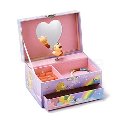 Hand Crank Musical Jewelry Cardboard Boxes, Storage Boxes with Pink Dancer, Drawer and Mirror inside, for Girl's Gift, Rectangle with Dancing Bear Pattern, Plum, 15x11x9cm(CON-M008-04A)