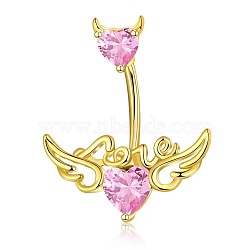 304 Stainless Steel Pave Cubic Zirconia Curved Barbell Belly Rings, Heart with Angel Wings, Golden, Pink, Bar Length: 3/8"(10mm), Pin: 1.2mm(FS-WG6D7D2-10)