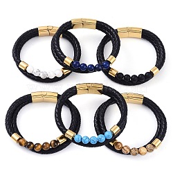 Mixed Stone Round Bead Leather Cord Multi-strand Bracelets, with Ion Plating(IP) 304 Stainless Steel Magnetic Clasps, for Men Women, Golden, 8-3/8~8-1/2 inch(21.2~21.5cm), 12~14.5mm(BJEW-A009-10G)