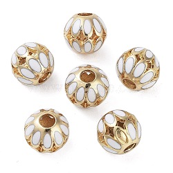 Golden Plated Alloy Enamel European Beads, Large Hole Beads, Round with Flower, White, 14x13mm, Hole: 4.6mm(FIND-E046-03G)