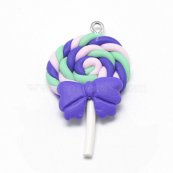Handmade Polymer Clay Pendants, Lollipop with Bowknot, Mauve, 40~53x27~30x7~9mm, Hole: 2mm(CLAY-Q240-012A)