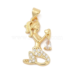 Brass Micro Pave Cubic Zirconia Pendants, Mermaid, Lead Free & Cadmium Free, Long-Lasting Plated, Rack Plating, Real 18K Gold Plated, 25x13x2mm, Hole: 5.5x3.5mm(KK-D317-125G)