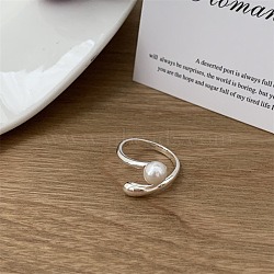 925 Sterling Silver Cuff Rings, with Shell Pearl, Silver, Round, Inner Diameter: Adjustable(WG5B64D-01)