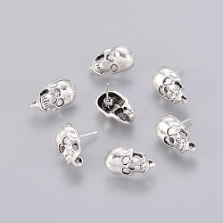 Antique Silver Skull Shaped Tibetan Style Alloy Stud Earring Findings, with Loop, Lead Free & Nickel Free, 16x9mm, Hole: 2mm, Pin: 1mm(X-TIBE-A22180-AS-FF)