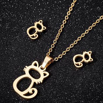 201 Stainless Steel Jewelry Set, Stud Earrings & Pendant Necklaces Sets, Cat Shape, Golden, 17.72 inch(450mm)