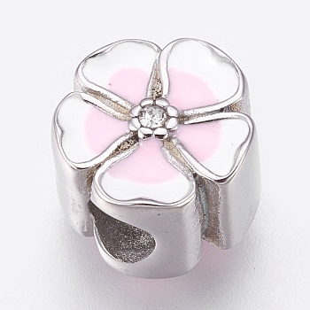 304 Stainless Steel European Beads, Large Hole Beads, with Enamel and Rhinestone, Flower, Pink, Stainless Steel Color, 11.5x8mm, Hole: 4mm