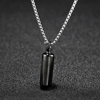 316L Stainless Steel Pill Shape Urn Ashes Pendant Necklace with Box Chains, Memorial Jewelry for Men Women, Electrophoresis Black, 23.62 inch(60cm)
