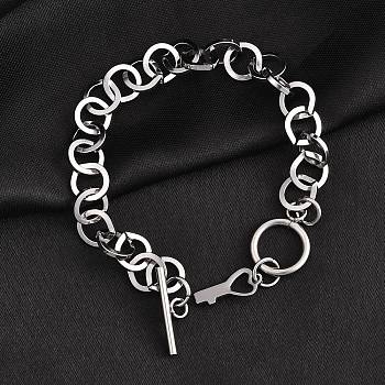 Tarnish Resistant 304 Stainless Steel Cable Chain Bracelets, with Toggle Clasps and Key Shape Charm, Stainless Steel Color, 7-5/8 inch(19.5cm), 9mm