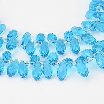 Faceted Teardrop Transparent Glass Beads Strands, Top Drilled Beads, Light Sky Blue, 12x6mm, Hole: 1mm, about 100pcs/strand, 15.7 inch