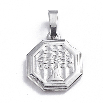 201 Stainless Steel Pendants, Octagon with Tree, Stainless Steel Color, 16.5x14.5x2mm, Hole: 4x6.5mm