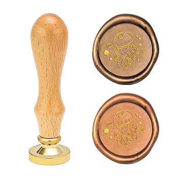 CRASPIRE Brass Wax Seal Stamp, with Beech Wood Handles, for DIY Scrapbooking, Ocean Themed Pattern, Stamp: 25x14mm, Handle: 80.5x22.5mm