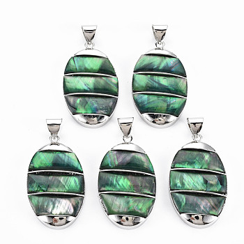 Natural Abalone Shell/Paua Shell Big Pendants, with Platinum Brass Findings, Dyed, Oval, Green, 44x26x6mm, Hole: 6x8mm