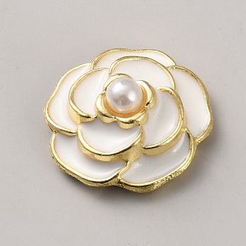 Alloy Enamel & Imitation Pearl Cabochons, Flower, Light Gold, White, 17.5x18x8.5mm