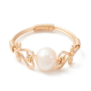 Natural Pearl Finger Ring, Brass Wire Wrap Jewelry for Women, Light Gold, Inner Diameter: 19mm