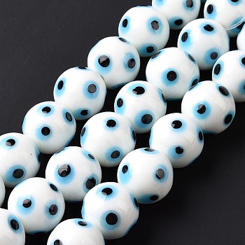Handmade Evil Eye Lampwork Beads Strands, Round, White, 15.5x14.5mm, Hole: 1.5mm, about 10pcs/strand, 5.98 inch(15.2cm)
