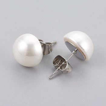 Shell Pearl Beads Ear Studs, with 304 Stainless Steel Findings, Flat Round, Stainless Steel Color, 10x6mm, Pin: 0.7mm