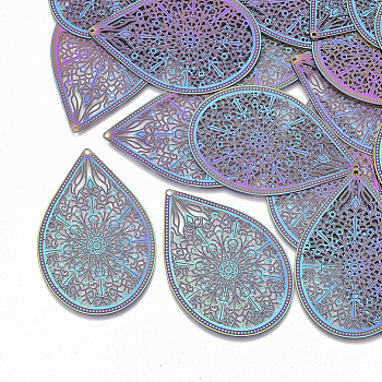 Ion Plating(IP) 304 Stainless Steel Filigree Pendants, for DIY Jewelry Making, Etched Metal Embellishments, Teardrop, Rainbow Color, 48.5x32x0.3mm, Hole: 1mm